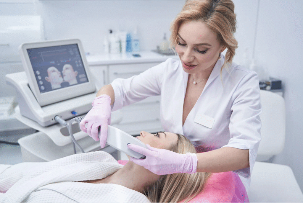 Non-surgical neck tightening with HIFU ultrasound at Alora Skin Clinic in Scarborough