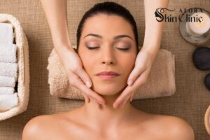Woman receiving a relaxing professional facial at Alora Skin Clinic in Scarborough.