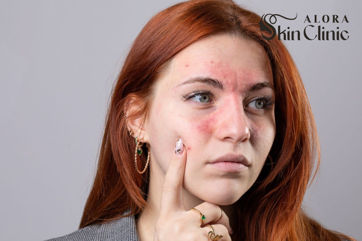 Woman with facial redness and irritation on her cheeks and forehead