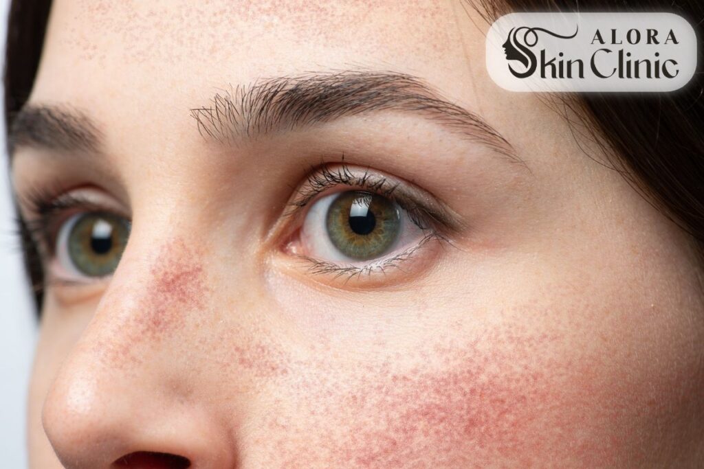 Close-up of red, flushed skin across the cheeks and nose