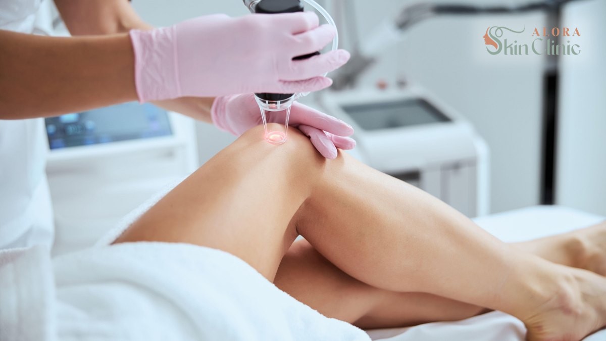Close view of a spider vein treatment applicator delivering focused light to the skin