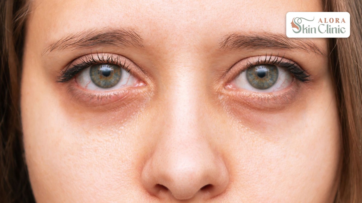 Close-up of under-eyes showing dark circles and mild puffiness