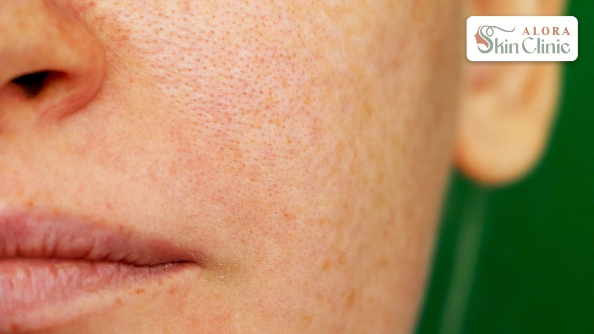 Close-up of freckling and sun spots on a cheek, a common type of facial pigmentation