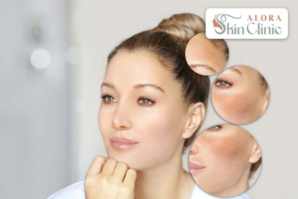 Woman with dark spots and uneven skin tone, hyperpigmentation treatment at Alora Skin Clinic in Scarborough