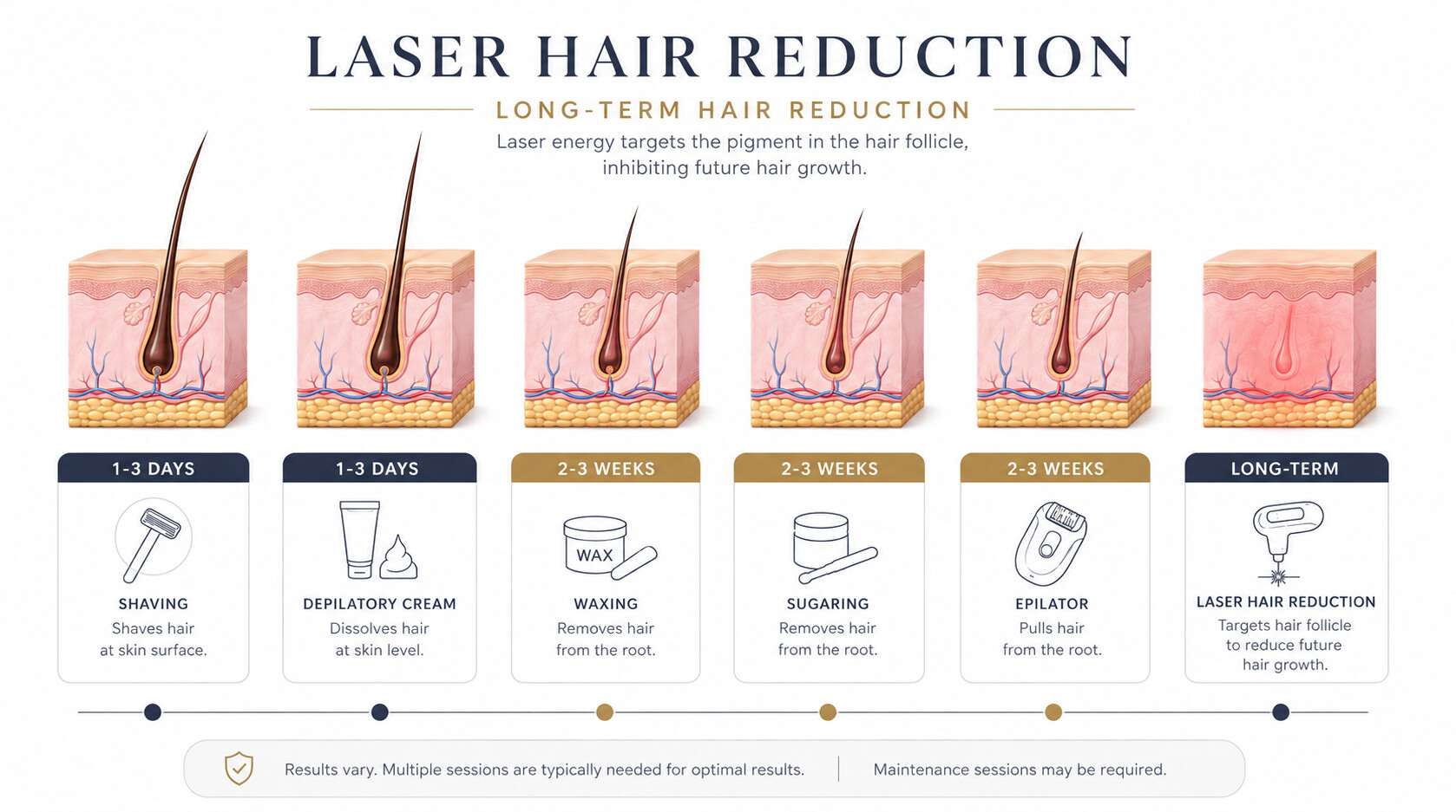 Laser hair reduction compared with shaving, depilatory cream, waxing, sugaring and epilator, and how laser targets the hair follicle