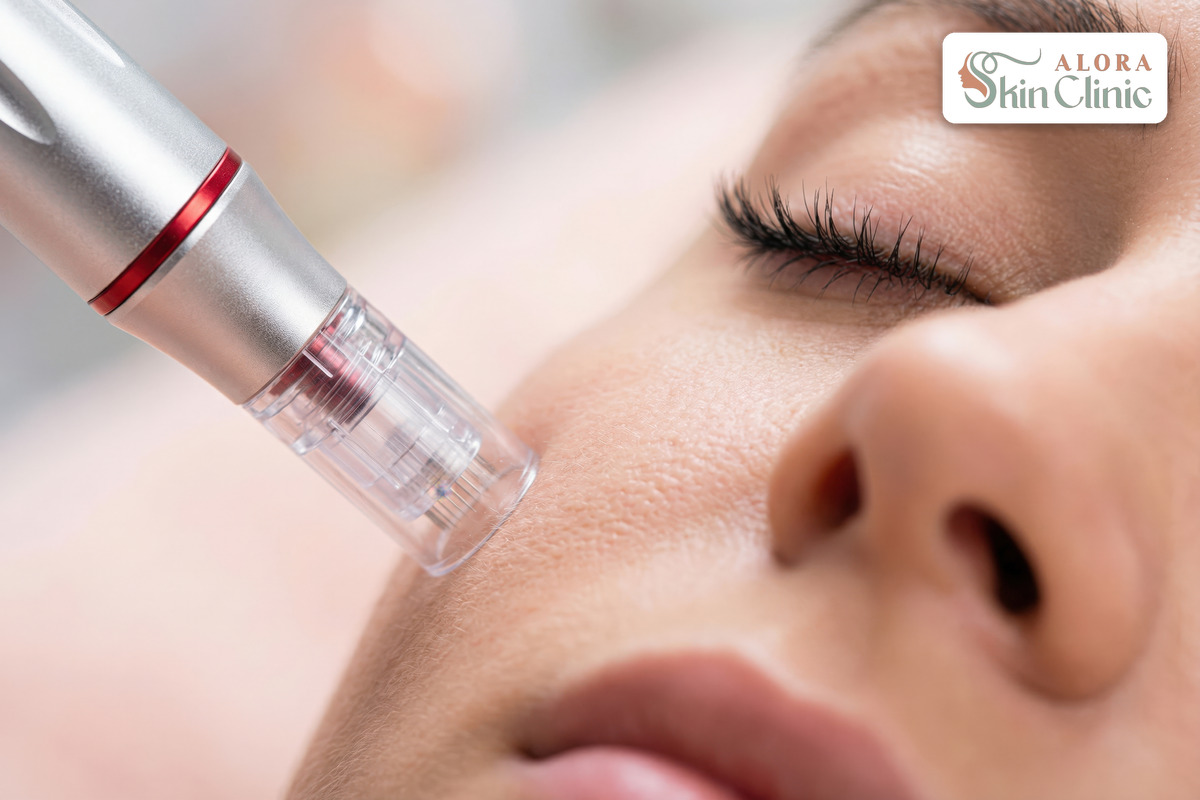 Microneedling treatment being performed on a womans face at Alora Skin Clinic in Scarborough