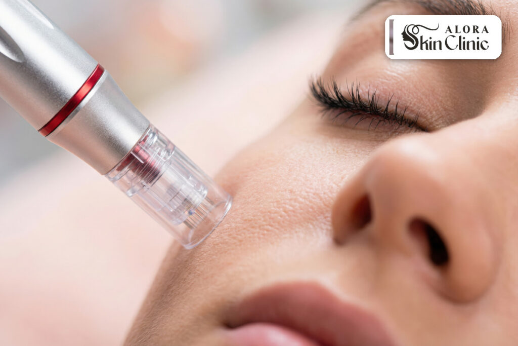 Microneedling treatment being performed on a womans face at Alora Skin Clinic in Scarborough
