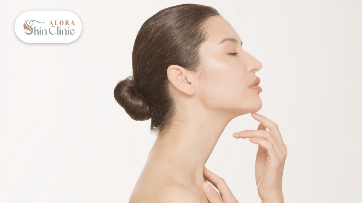 Profile of a woman with a firm, defined jawline and neck after non-surgical HIFU tightening in Scarborough